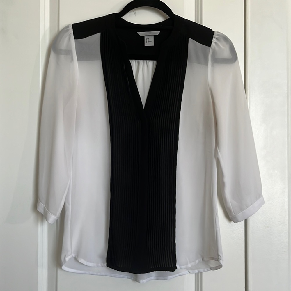 White & black sheer button down top.